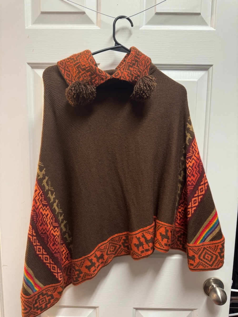 Bolivian Brown Knit Poncho with Orange Geometric Trim